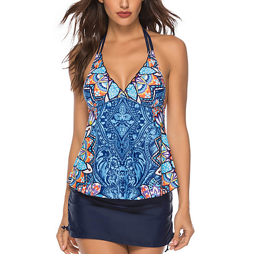 

Women's Tankini 2 Piece Swimsuit Open Back Slim Abstract Symbol Blue Swimwear Padded Crop Top Strap Bathing Suits New Fashion Sexy / Padded Bras