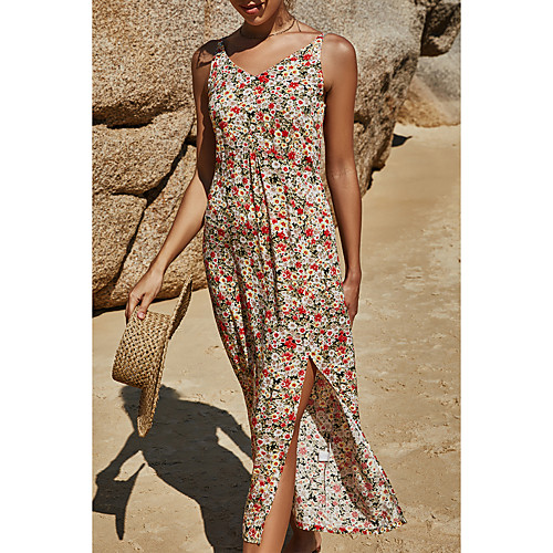 

Women's Strap Dress Midi Dress Blue Yellow Red Sleeveless Floral Color Block Split Summer V Neck Casual Holiday 2021 S M L XL