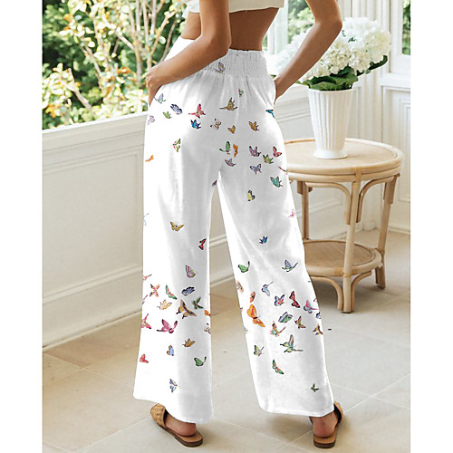 

Women's Basic Chino Comfort Loose Casual Going out Culottes Wide Leg Pants Pants Butterfly Graphic Prints Short Elastic Drawstring Design Print High Waist White Blue Black Beige