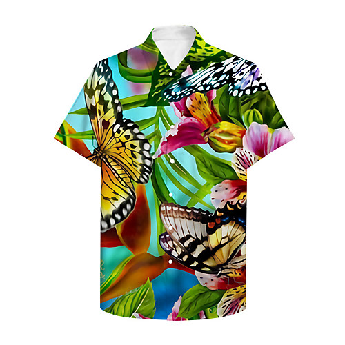 

Men's Shirt 3D Print Butterfly Graphic Prints Button-Down Print Short Sleeve Daily Tops Casual Hawaiian Green