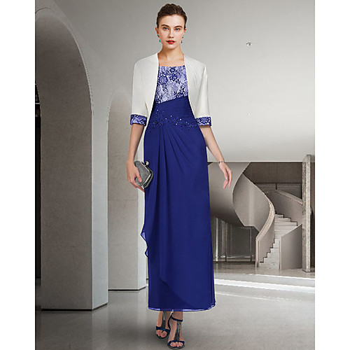 

Two Piece Sheath / Column Mother of the Bride Dress Elegant Jewel Neck Ankle Length Chiffon Lace Half Sleeve with Appliques Ruching 2021