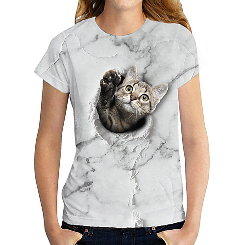 

Women's 3D Cat T shirt Cat Graphic 3D Print Round Neck Basic Tops White