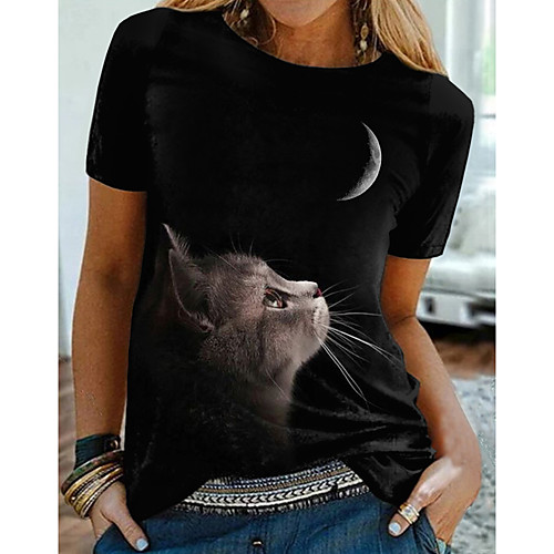 

Women's 3D Cat T shirt Galaxy Cat Graphic Print Round Neck Basic Tops Black