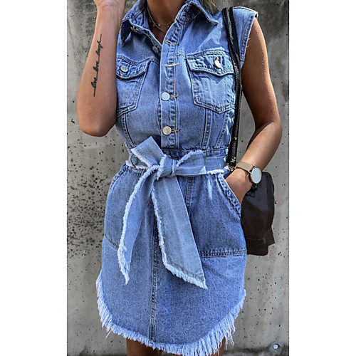 

Women's Denim Dress Short Mini Dress Light Blue Sleeveless Solid Color Pocket Patchwork Summer Shirt Collar Casual Slim 2021 S M L / Cotton / Cotton