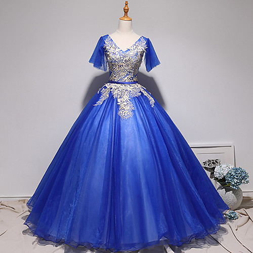 

Ball Gown Luxurious Floral Quinceanera Prom Dress V Neck Short Sleeve Floor Length Tulle with Pleats Embroidery 2021