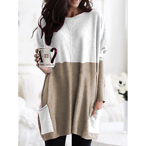 

Women's T shirt Plain Long Sleeve Pocket Round Neck Tops 100% Cotton Basic Basic Top Black Orange Khaki