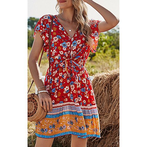 

Women's Shift Dress Knee Length Dress Photo Color Short Sleeve Floral Print Summer V Neck Elegant 2021 S M L XL