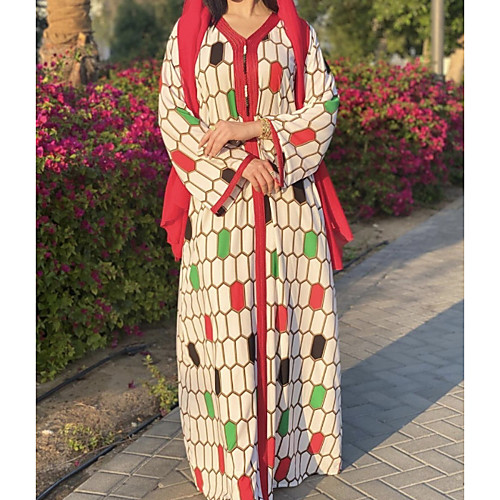 

Women's Kaftan Dress Maxi long Dress White Black Long Sleeve Solid Color Patchwork Summer Round Neck Casual 2021 S M L XL XXL