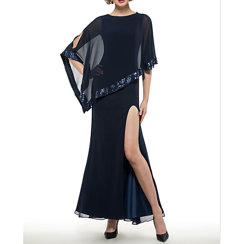 

Two Piece Sheath / Column Mother of the Bride Dress Elegant Jewel Neck Floor Length Chiffon Sleeveless with Sequin Split Front 2021