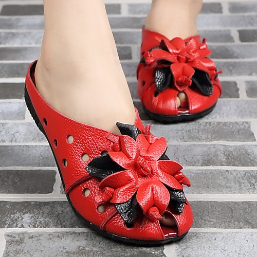 

Women's Sandals Round Toe Leather Floral Black Red Green
