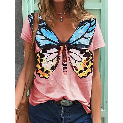 

Women's T shirt Butterfly Print V Neck Tops Cotton Basic Basic Top White Black Blue