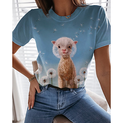 

Women's 3D Printed Dandelion Painting T shirt Graphic Dandelion Animal Print Round Neck Basic Tops Blue