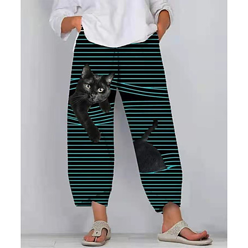 

Women's Plus Size Sweatpants Ankle-Length Pocket Print Cat Graphic 3D Spring Summer Large Size L XL XXL 3XL 4XL White Blue Black / Loose
