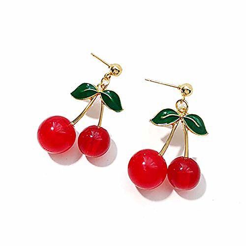 

18k gold plated fruit earring 3d green leaf red cherry charm tassel drop stud earrings