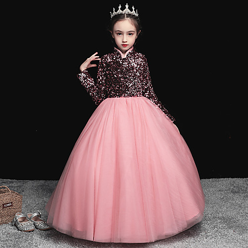 

Princess Floor Length Junior Bridesmaid Dress Party Tulle Long Sleeve Stand Collar with Pleats