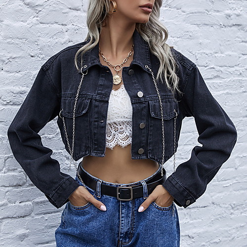 

Women's Denim Jacket Daily Fall & Winter Short Coat Shirt Collar Regular Fit Jacket Long Sleeve Solid Colored Black / Cotton