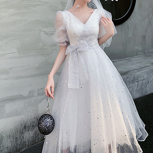 

A-Line Sparkle Vintage Engagement Prom Dress V Neck Long Sleeve Tea Length Sequined with Bow(s) Sequin 2021