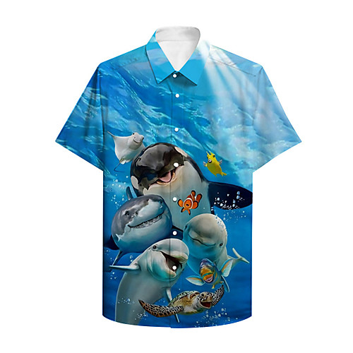 

Men's Shirt 3D Print Graphic Prints Fish Animal Button-Down Print Short Sleeve Daily Tops Casual Designer Big and Tall Blue / Summer