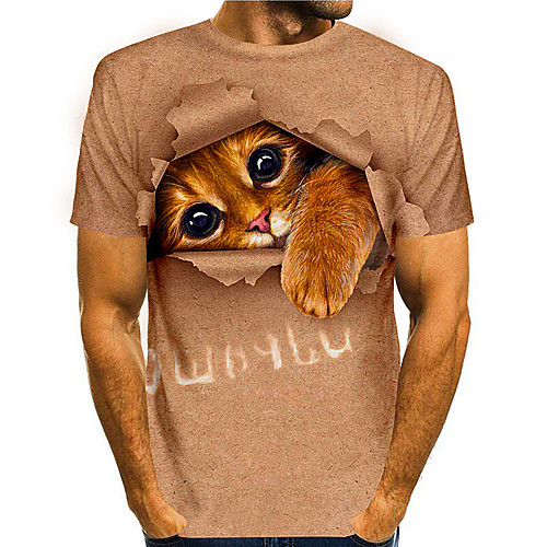 

Men's Tees T shirt 3D Print Cat Graphic Prints Animal Print Short Sleeve Daily Tops Basic Casual Khaki