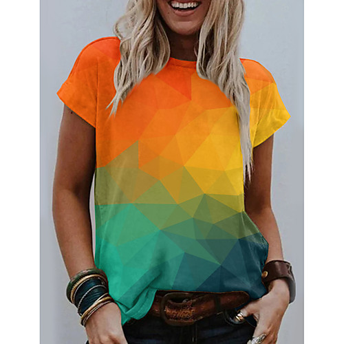 

Women's Abstract Geometric Painting T shirt Color Gradient Geometric Print Round Neck Basic Tops Orange