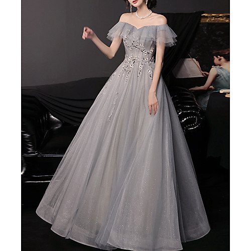 

A-Line Off Shoulder Floor Length Tulle Bridesmaid Dress with Sequin / Appliques