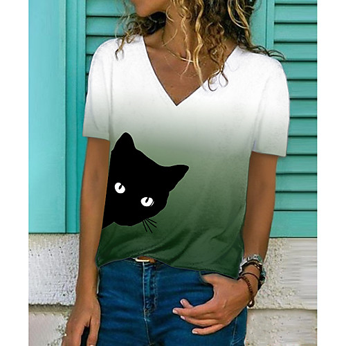 

Women's 3D Cat T shirt Color Gradient Cat 3D Print V Neck Basic Tops Purple Orange Green