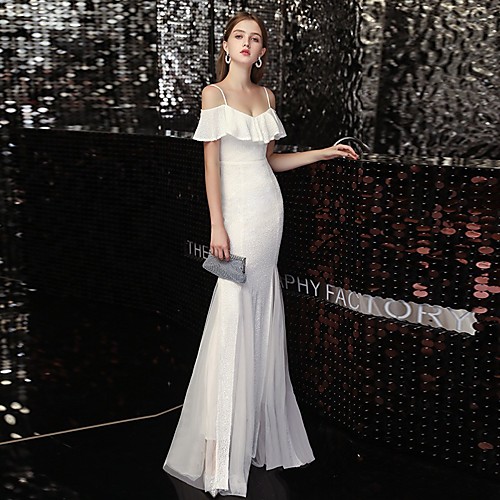 

Mermaid / Trumpet Sparkle Sexy Engagement Prom Dress Spaghetti Strap Short Sleeve Floor Length Sequined with Sequin Ruffles 2021