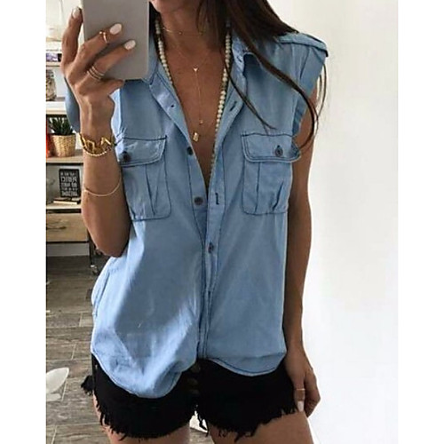 

Women's Denim Jacket Daily Spring & Summer Regular Coat Shirt Collar Regular Fit Jacket Sleeveless Solid Colored Light Blue Navy Blue / Cotton