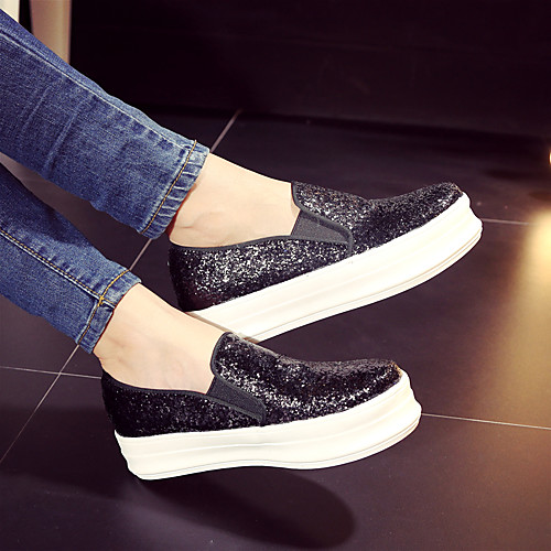 

Women's Loafers & Slip-Ons Slip-on Sneakers Sparkling Shoes Flat Heel Round Toe PU Synthetics Black Blue Silver