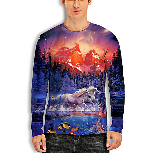 

Men's Tees T shirt 3D Print Graphic Prints Horse Animal Print Long Sleeve Daily Tops Casual Designer Big and Tall Blue