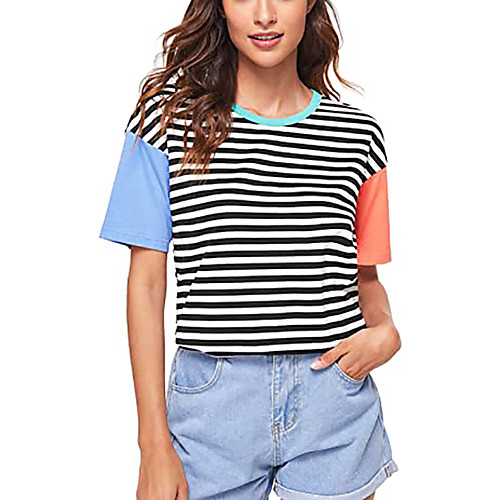 

Women's T shirt Striped Patchwork Print Round Neck Tops Basic Basic Top Blue Purple Red