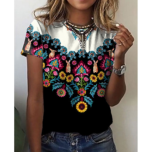 

Women's Abstract Painting T shirt Floral Graphic Print Round Neck Basic Tops Black