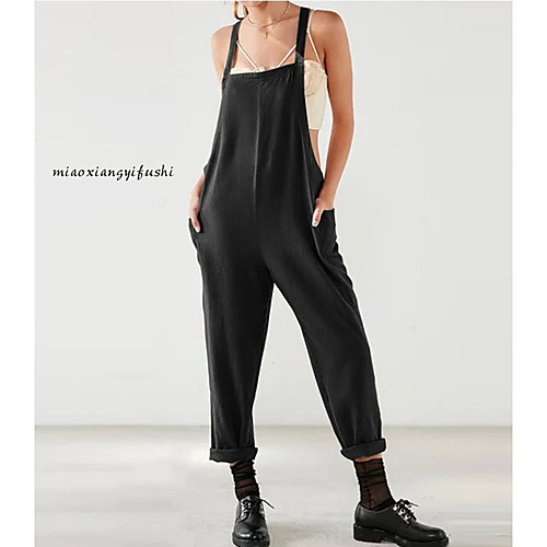 

2019 spring and summer new amazon hot models plus size women's literary dark blue brushed cotton suspenders casual trousers women
