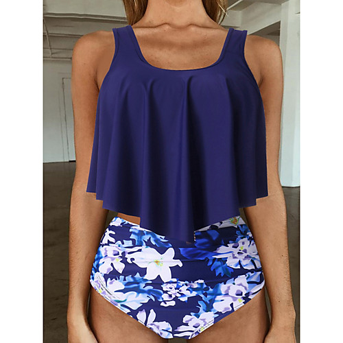 

Women's Tankini 2 Piece Swimsuit Open Back Slim Floral Leopard White shirt Blue top Pink Flower Top Blue leaf top Snakeskin split Swimwear Padded Vest Scoop Neck Bathing Suits New Fashion Sexy