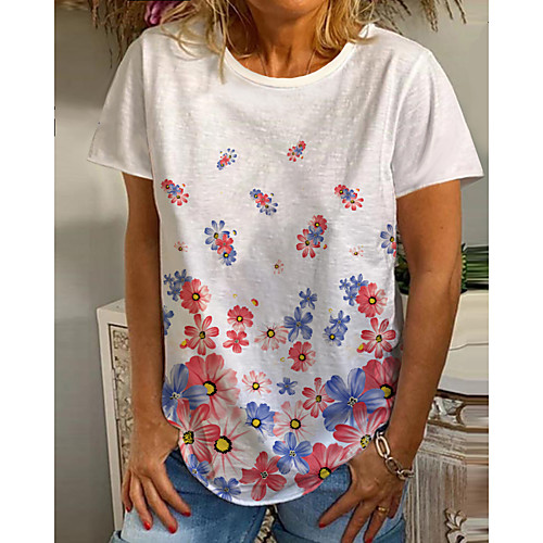 

Women's Butterfly Painting T shirt Floral Graphic Print Round Neck Basic Tops White