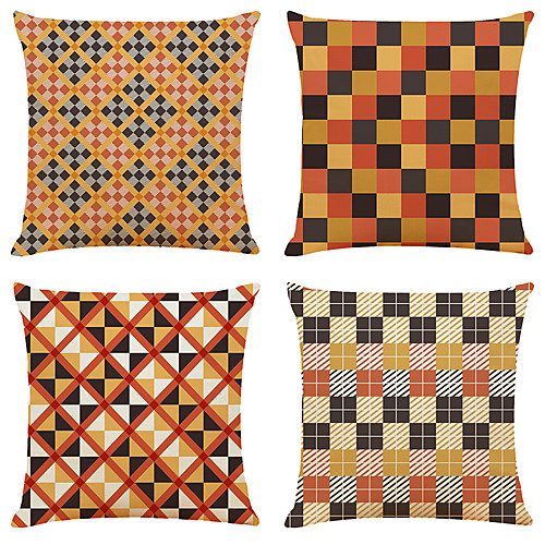 

4 pcs Faux Linen Pillow Cover, Geometric Simple Classic Square Zipper Traditional Classic