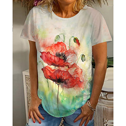 

Women's Floral Theme Painting T shirt Floral Graphic Print Round Neck Basic Tops White