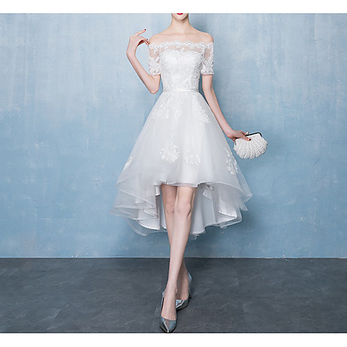 

A-Line Scalloped Neckline Tea Length Lace / Tulle Bridesmaid Dress with Appliques