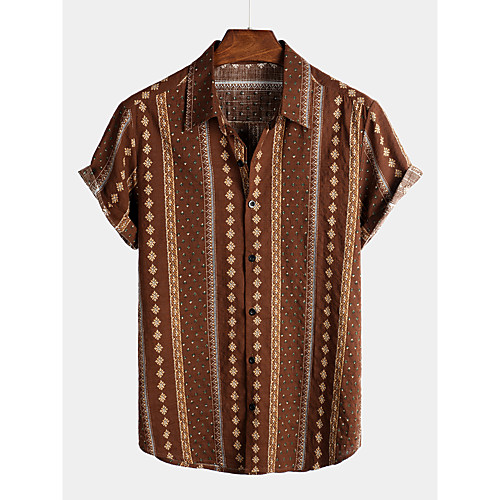 

Men's Shirt Tribal Short Sleeve Daily Tops Cotton Basic Boho Classic Collar Coffee / Beach