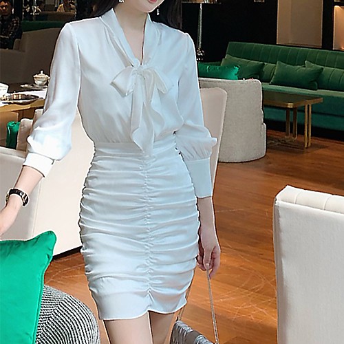 

Sheath / Column Minimalist Elegant Graduation Cocktail Party Dress V Neck Long Sleeve Short / Mini Satin with Bow(s) Ruched 2021