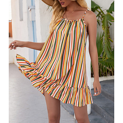 

Women's Strap Dress Short Mini Dress Yellow Rose Red Sleeveless Striped Print Summer Square Neck Elegant 2021 S M L XL