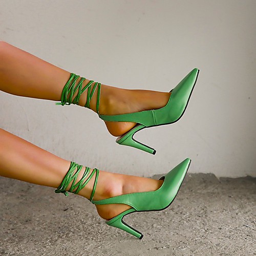 

Women's Sandals High Heel Pointed Toe PU Ribbon Tie Lace-up Button Solid Colored Burgundy Blue Green
