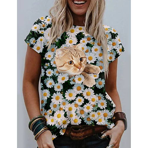 

Women's Going out Floral Theme Daisy 3D Cat T shirt Floral Cat Graphic Print Round Neck Basic Tops White