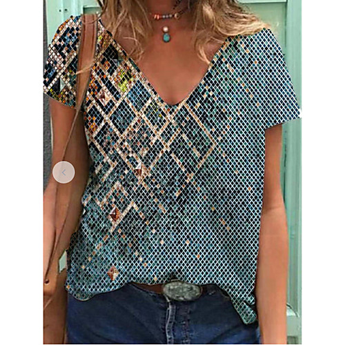 

Women's T shirt Geometric Round Neck Tops Punk & Gothic Basic Top Blue