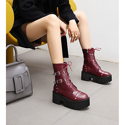 

Women's Boots Combat Boots Platform Round Toe Booties Ankle Boots PU Synthetics Burgundy Black Brown
