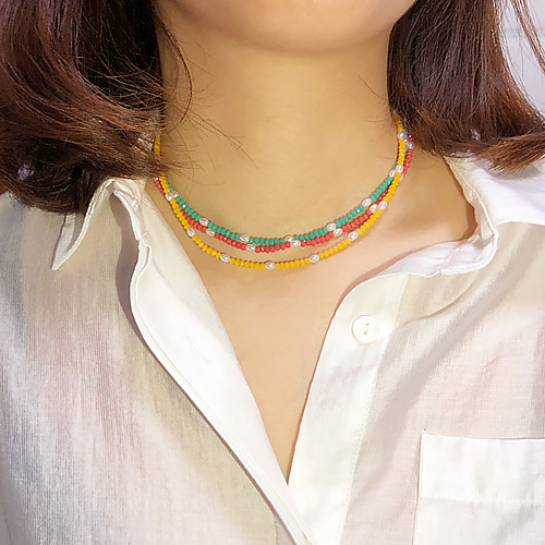 

Women's Choker Necklace Beaded Necklace Stacking Stackable Rainbow Galaxy Laugh Joy Fireworks European Korean Africa Folk Style Crystal Imitation Pearl Alloy Yellow Green Rainbow White Red 36 cm
