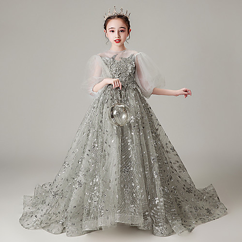 

Princess Sweep / Brush Train Junior Bridesmaid Dress Party Tulle Half Sleeve Jewel Neck with Pleats