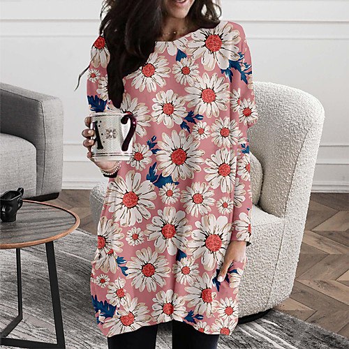 

Women's Shift Dress Short Mini Dress Blue Blushing Pink Long Sleeve Floral Color Block Print Fall Spring Round Neck Casual Holiday 2021 S M L XL XXL 3XL