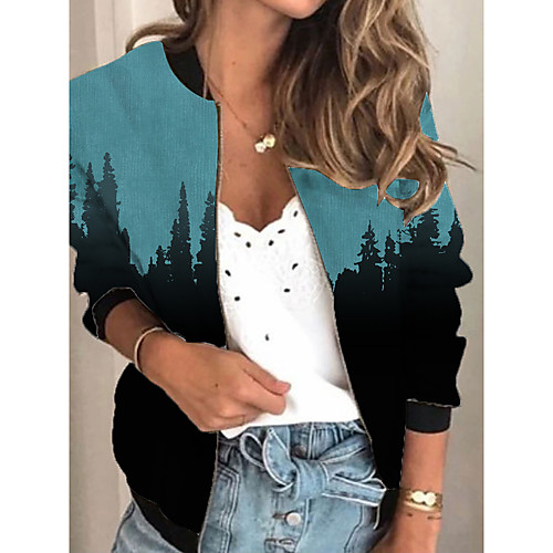 

Women's Jacket Daily Spring & Fall Regular Coat Regular Fit Active Streetwear Jacket Long Sleeve Plants Print Blue / Holiday