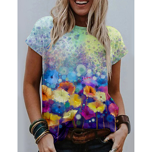 

Women's Going out Floral Theme Painting T shirt Floral Graphic Print Round Neck Basic Tops Blue Purple Green